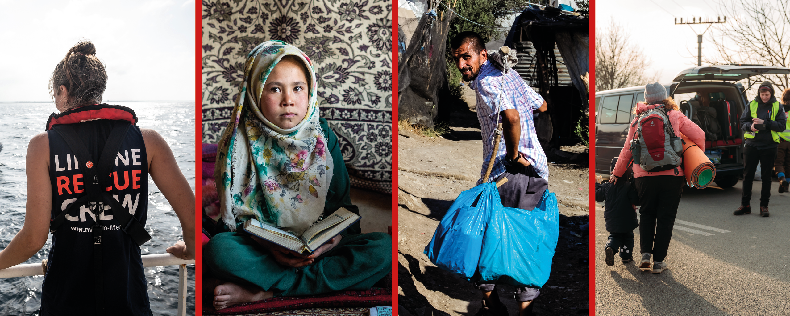 Bild 1: Seenotretterin auf der Rise Above, Bild 2: Mädchen mit Kopftuch in Afghanistan Bild 3: Mann beim tragen seine Habseligkeiten in Moria, Bild 4: Evakuierung durch Mission Lifeline Mitarbeiter:innen an der Ukrainischen Grenze  